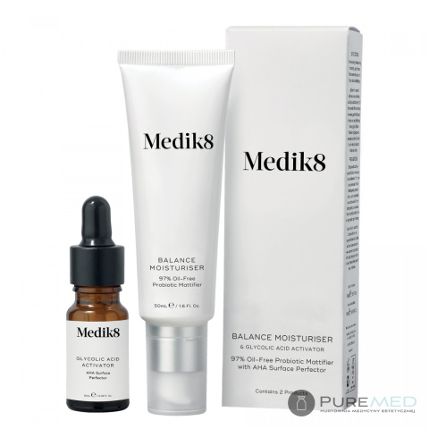 Medik8 Balance Moisturiser with Glycolic Acid ZESTAW Probiotyczny krem matujący z kwasami AHA 50ml + Aktywator 1 szt.